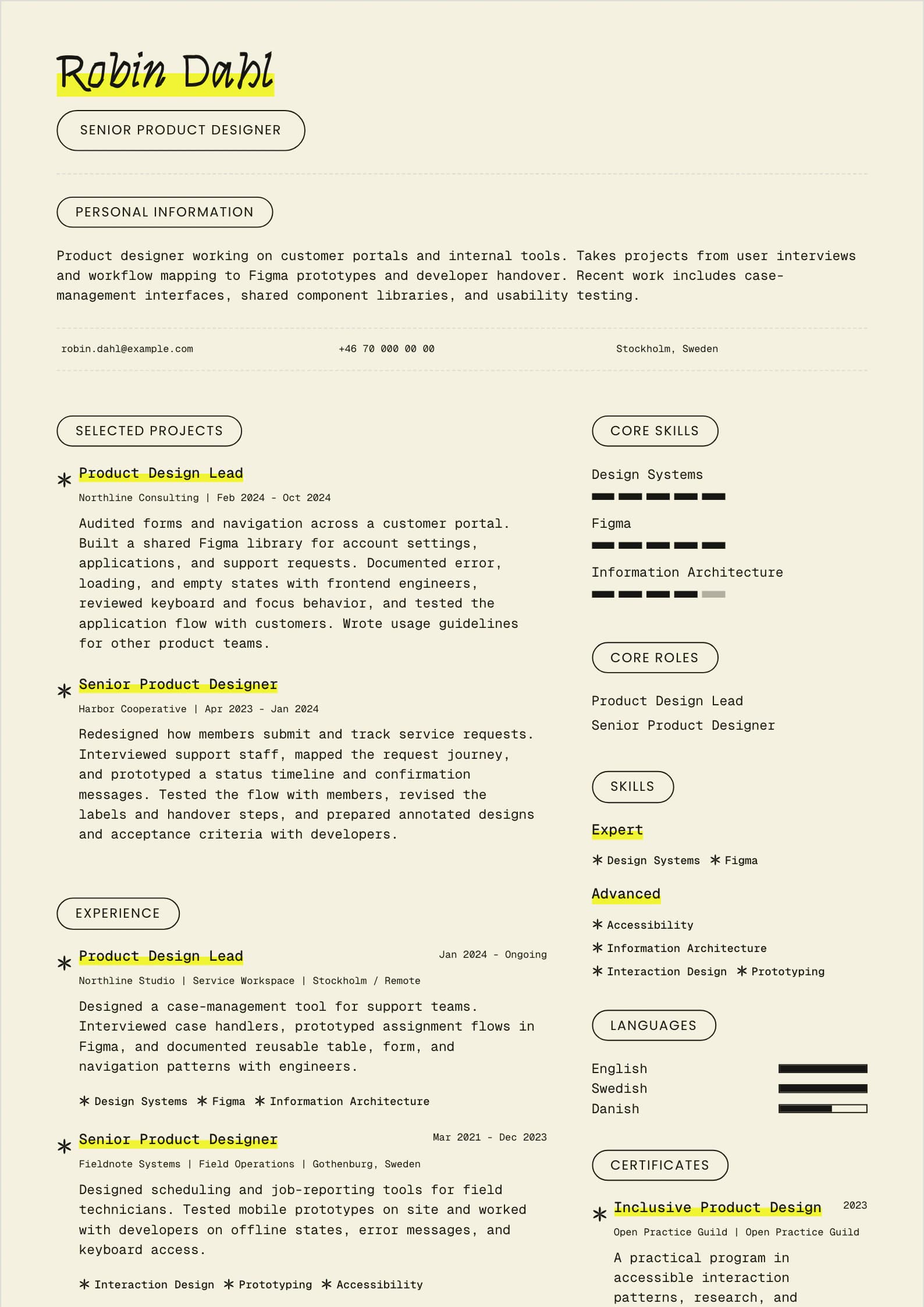 Studio resume template for fictional product designer Robin Dahl inside a Kantalop document wallet
