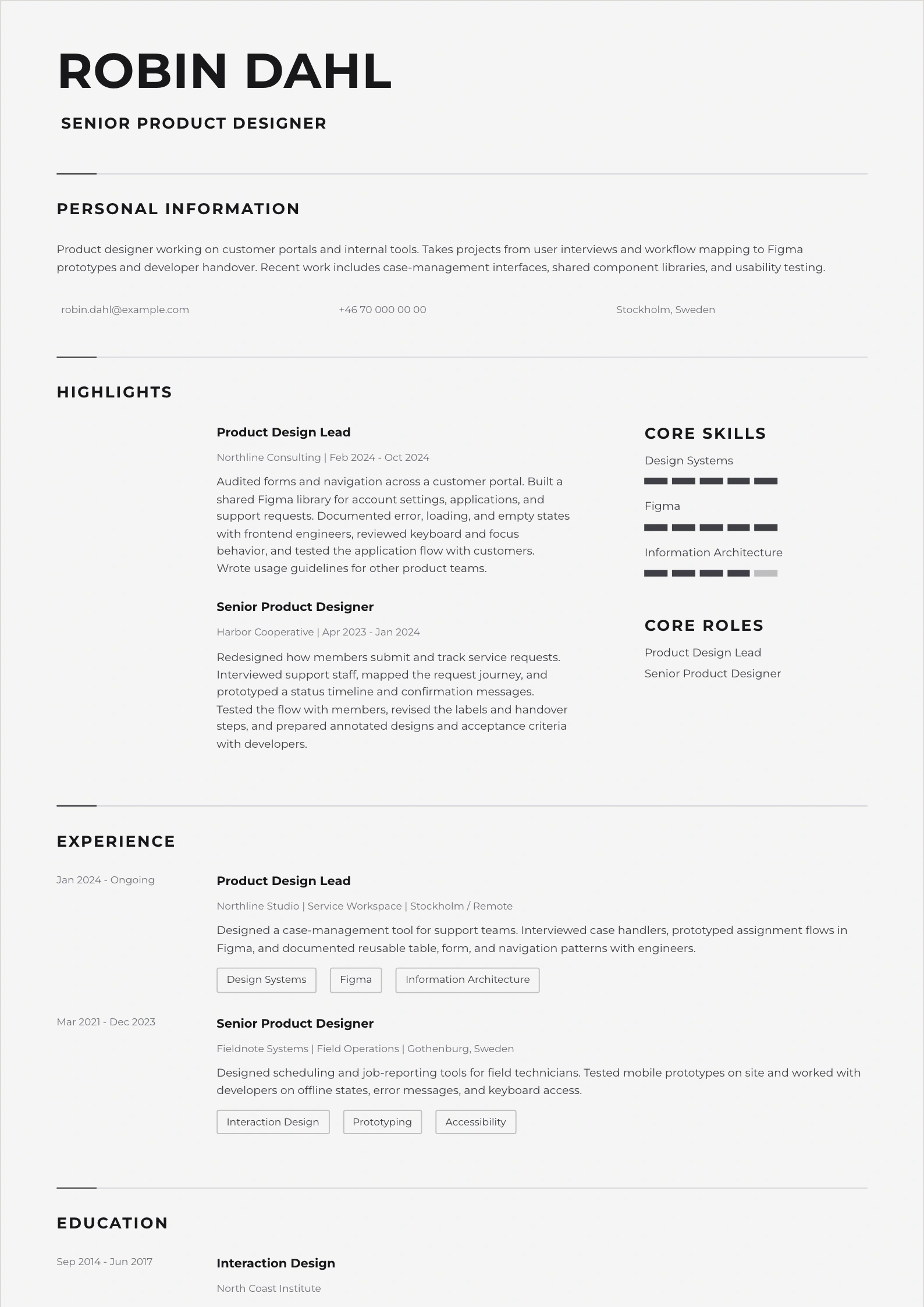Monochrome resume template featuring fictional candidate Robin Dahl.